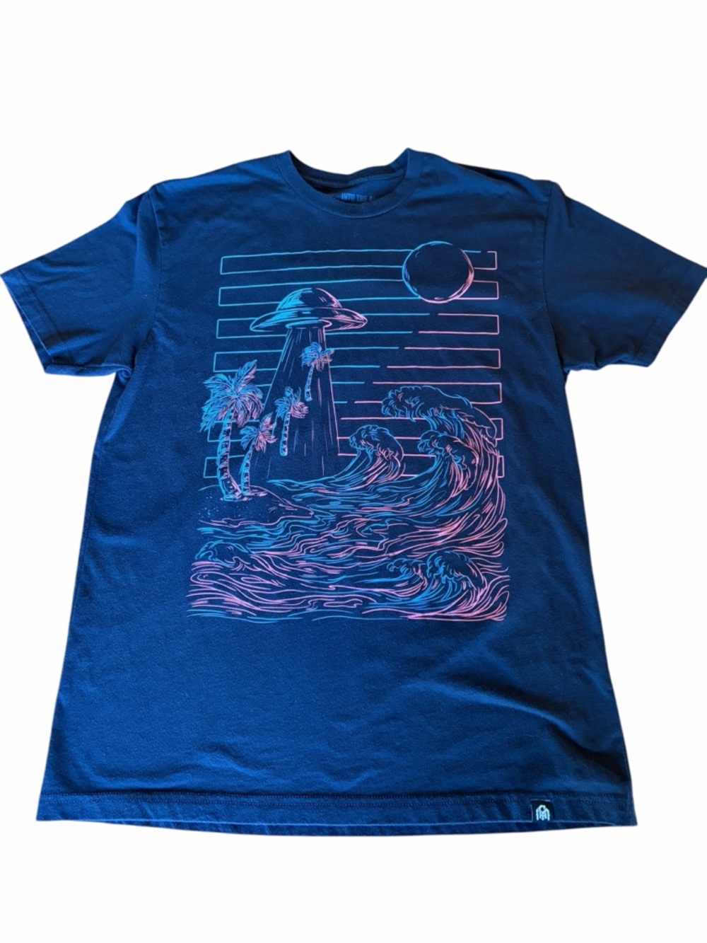 Into The AM  Black Short-Sleeve Graphic Tee with Neon Surf UFO Artwork